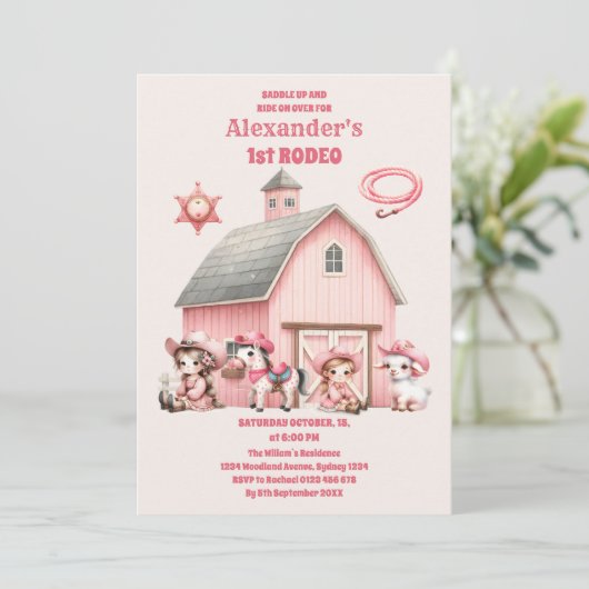 Rosa Western First Birthday Rodeo Baby Girl Einladung (Stehend Vorderseite)