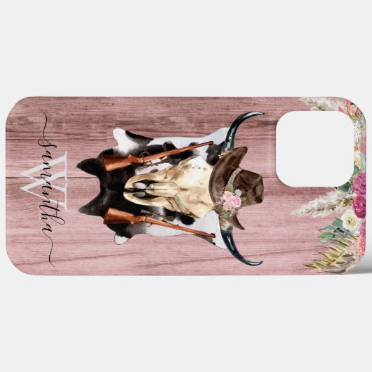 Rosa Western Holzkuh Skull Cowboy Monogramm Case-Mate iPhone Hülle (Rückseite (Horizontal))