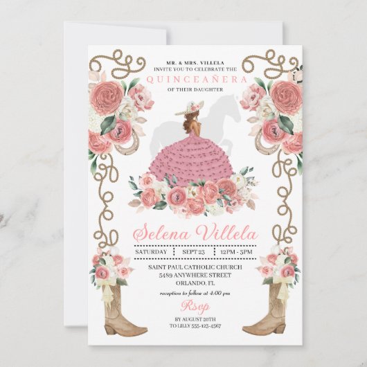 Rosa Western Mariachi Charro Princess Quinceañera Einladung (Vorderseite)