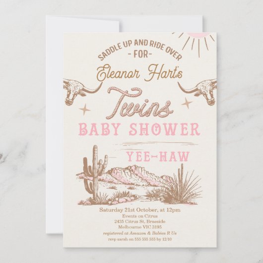 Rosa Western Wüste Rodeo Twins Kinderdusche Einladung (Vorderseite)