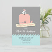 Rosa Whale Baby Dusche Einladung (Stehend Vorderseite)
