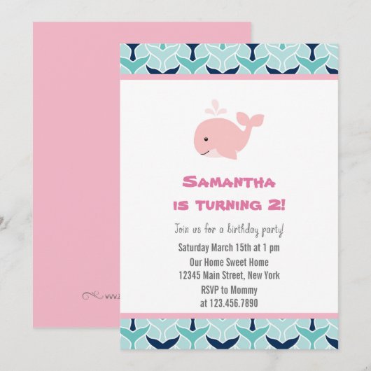 Rosa Whale Geburtstagsparty Einladung (Vorne/Hinten)