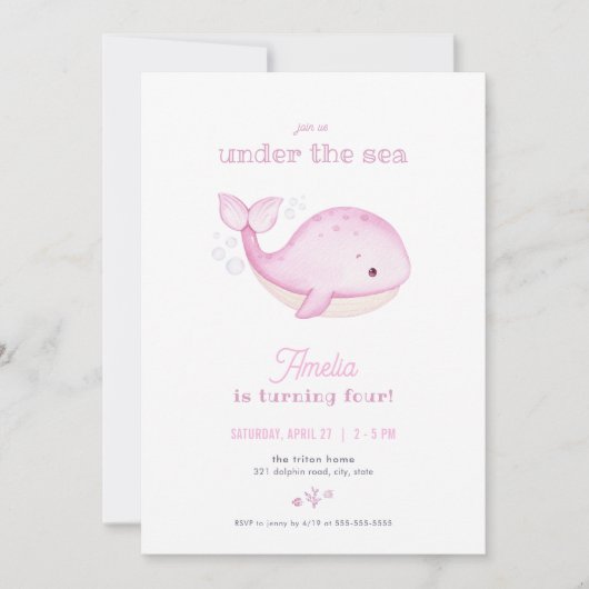 Rosa Whale Girl Under the Sea Einladung (Vorderseite)
