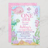 Rosa Whale Oneder See 1. Geburtstag Einladung (Vorne/Hinten)