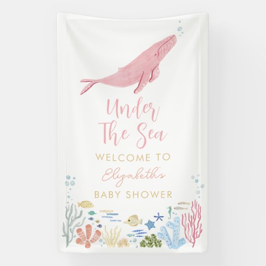 Rosa Whale unter der Sea Baby Dusche Empfang Banner (Vertikal)
