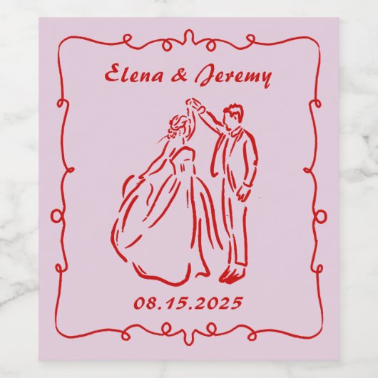 Rosa Whimsikale handgezeichnete Hochzeitsweinmarke Weinetikett (Einzelnes Label)