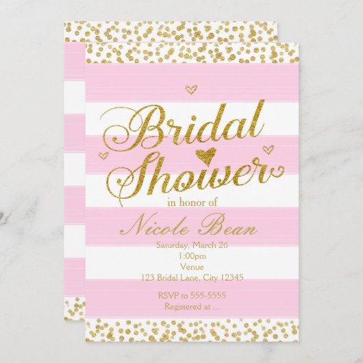 Rosa White & Gold Hearts BRIDAL SHOWER Einladungen (Vorne/Hinten)