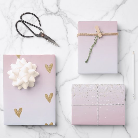 Rosa White Ombre Gold Glitzer Herz Geschenkpapier Set (Vorderseite)