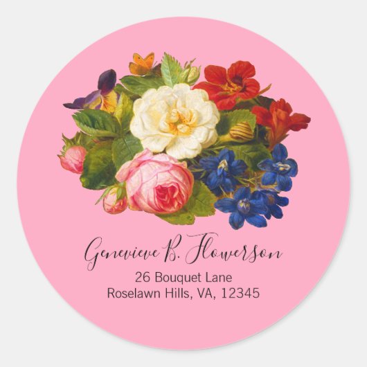 Rosa White Roses Red Orange Blue Script Butterfly Runder Aufkleber (Vorderseite)