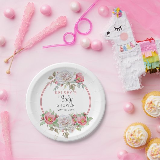 Rosa | White Sweet Floral Blooms Girl Baby Dusche Pappteller (Party)