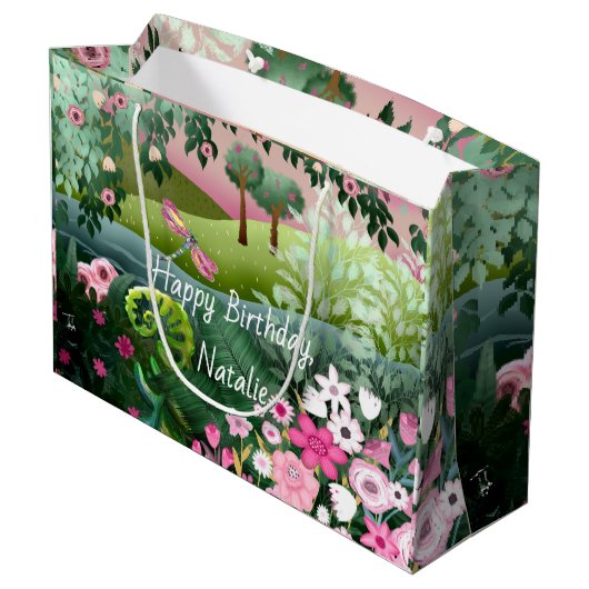 Rosa Wiese mit handgemalt Dragonfly Große Geschenktüte (Rückseite Schrägansicht)