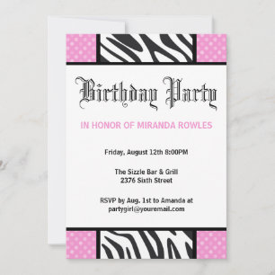 Rosa Wild Time Zebra Geburtstagsparty Einladung