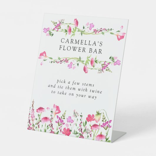 Rosa Wildblume bearbeitbare Blume Bar Tablette Sockelschild (Vorderseite)