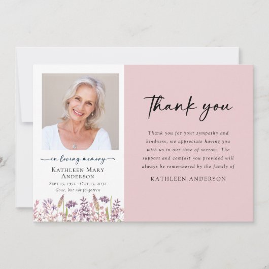 Rosa Wildblume Beileid Beerdigung Dankeskarte (Vorderseite)