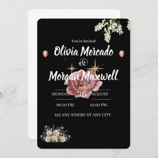 Rosa Wildblume Bläserschwarze Hochzeit Einladung (Vorne/Hinten)