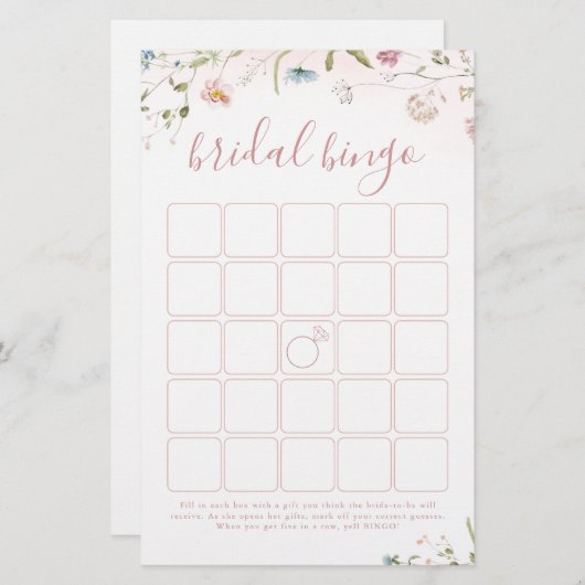Rosa Wildblume Boho Brautparty Bingo-Spiel (Vorne/Hinten)