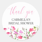 Rosa Wildblume Brautparty Danke, Script Runder Aufkleber (Vorderseite)