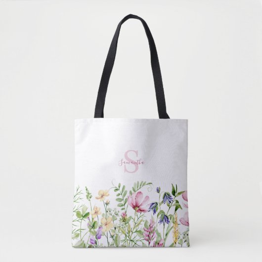 Rosa Wildblume Floral Monogramm Tasche (Vorderseite)