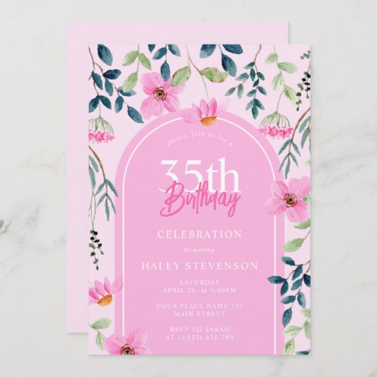 Rosa Wildblume Florenz Girly Elegant Einladung (Vorne/Hinten)