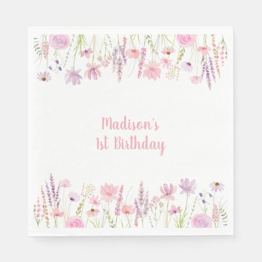 Rosa Wildblume Garten Geburtstag Serviette (Vorderseite)