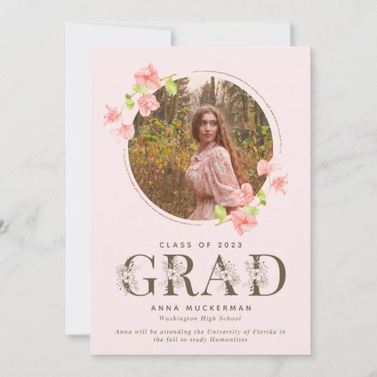 Rosa Wildblume Girl High School Abschluss Ankündigung (Vorderseite)