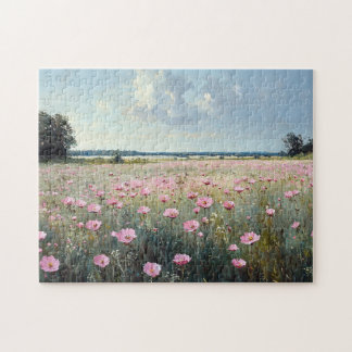Rosa Wildblume Landschaft Impressionist Malerei Puzzle
