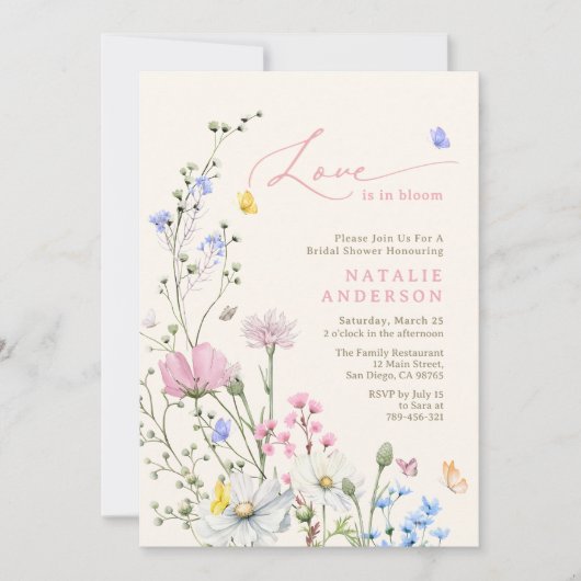 Rosa Wildblume Liebe im BlütenBrautparty Einladung (Vorderseite)