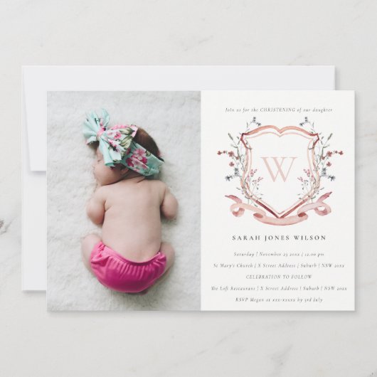 Rosa Wildblume Monogram Wappen Foto Christine Einladung (Vorderseite)