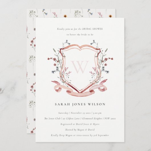 Rosa Wildblume Monogramm Wappen Brautparty Einladung (Vorne/Hinten)