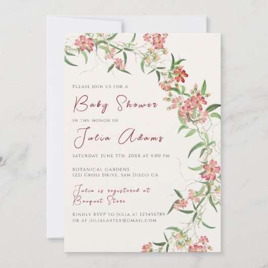Rosa Wildblume Rose Frühjahr Garland Babydusche Einladung (Vorderseite)