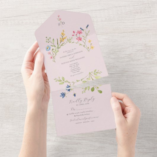 Rosa Wildblume Rustic Boho Wedding All In One Einladung (Abreißen)
