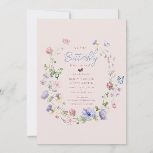 Rosa Wildblume Schmetterling Kinderdusche Einladun Einladung (Vorderseite)