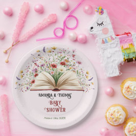 Rosa Wildblume Storybook Blue Baby Dusche Pappteller
