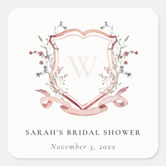 Rosa Wildblume Wappen Brautparty Quadratischer Aufkleber (Vorderseite)