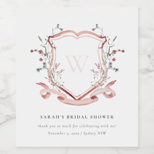 Rosa Wildblume Wappen Brautparty Weinetikett (Einzelnes Label)