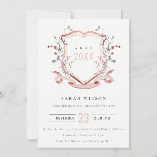 Rosa Wildblume Wasserfarbe Wappen Abschluss Einladung (Vorderseite)