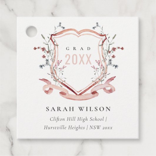 Rosa Wildblume Wasserfarbe Wappen Abschluss Geschenkanhänger (Vorderseite)