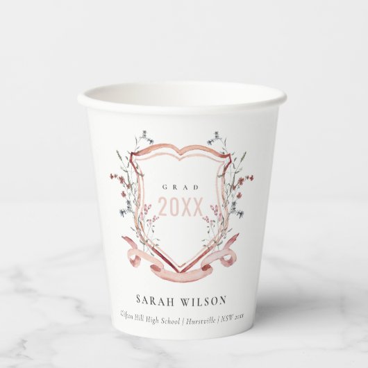 Rosa Wildblume Wasserfarbe Wappen Abschluss Pappbecher (Vorderseite)