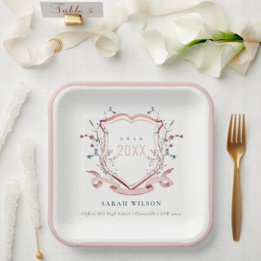 Rosa Wildblume Wasserfarbe Wappen Abschluss Pappteller (Hochzeit)