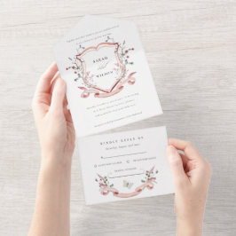 Rosa Wildblume Watercolor Monogram Wappen Hochzeit All In One Einladung