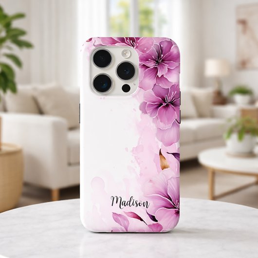 Rosa Wildblumen Aquarellfarbe mit Name Case-Mate iPhone Hülle