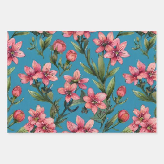 Rosa Wildblumen auf blauem Hintergrund Geschenkpapier Set (Vorderseite 3)