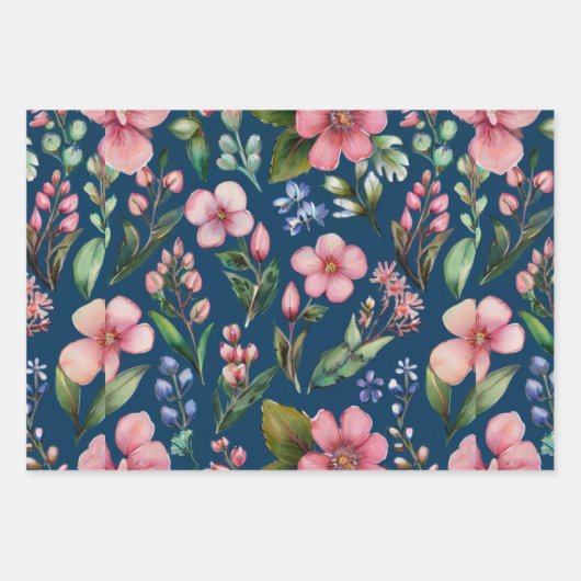 Rosa Wildblumen auf blauem Hintergrund Geschenkpapier Set (Vorderseite 2)