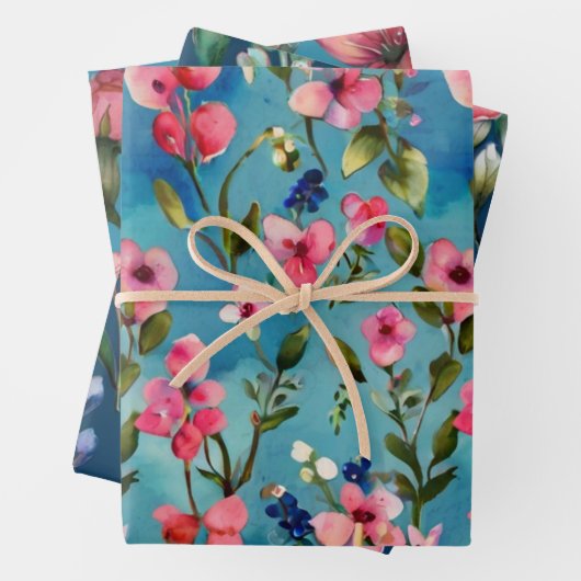 Rosa Wildblumen auf blauem Hintergrund Geschenkpapier Set (Beispiel)