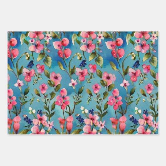Rosa Wildblumen auf blauem Hintergrund Geschenkpapier Set (Vorderseite)