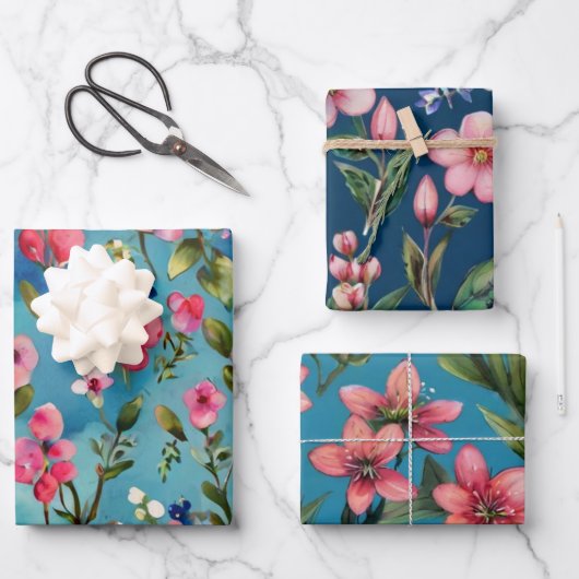 Rosa Wildblumen auf blauem Hintergrund Geschenkpapier Set (Vorderseite)