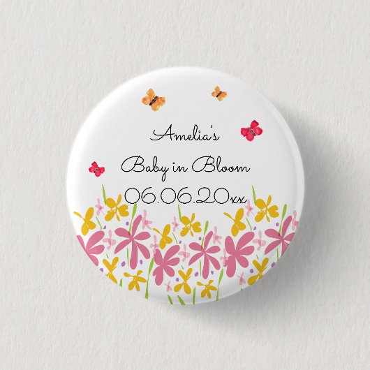 Rosa Wildblumen-Baby-Party Button (Vorderseite)