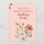 Rosa Wildblumen BIrthday Party Einladung (Vorne/Hinten)