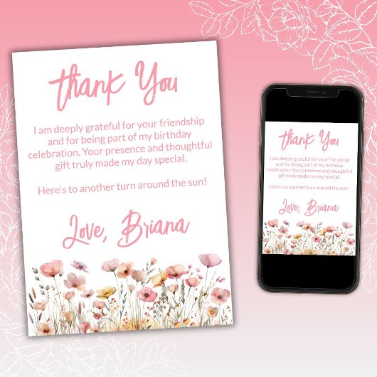 Rosa Wildblumen Blumenkarte Danke Karte