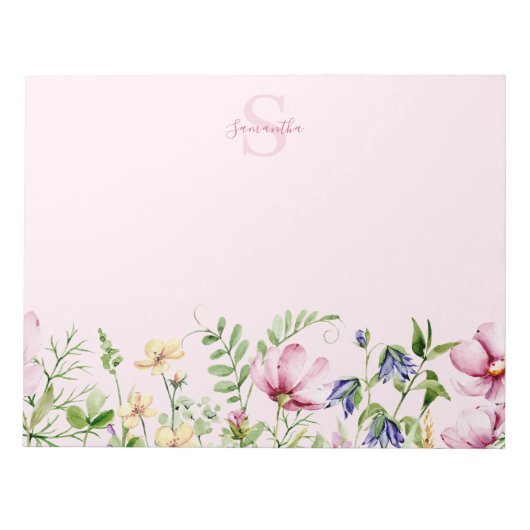 Rosa Wildblumen-Blumenmonogramm-Notizblock Notizblock (Vorderseite)